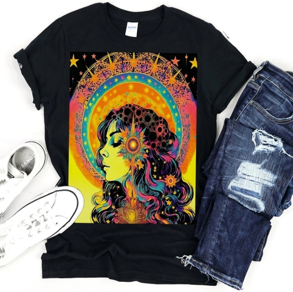 Art Nouveau Neon Star Girl Shirt 🌛Bright Mystical Tee🌜 Trippy Colorful Magic